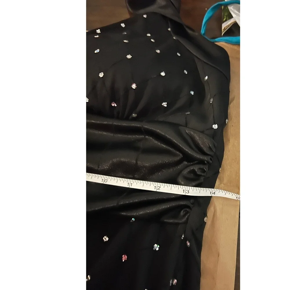 Dressbarn Collection Black Rhinestone Mesh Halter Top Ruched Waist Size 12